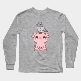 Cute Pigeon On Pig Doodle Long Sleeve T-Shirt